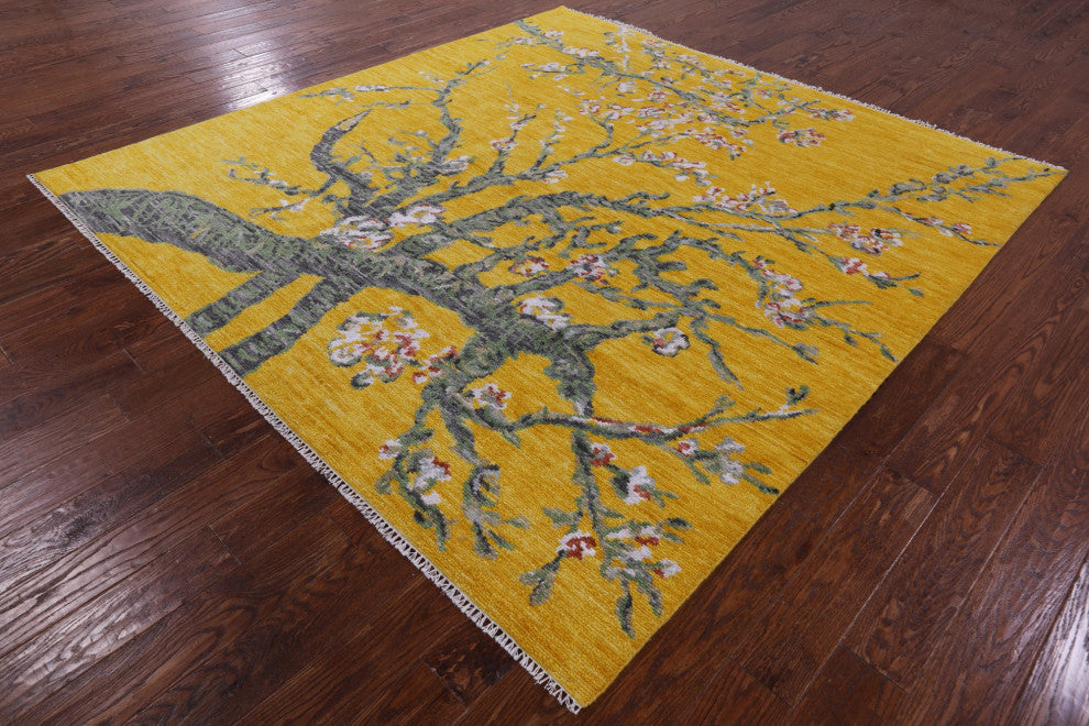 8' Square Almond Blossoms Design Handmade Modern Wool Rug Q11694