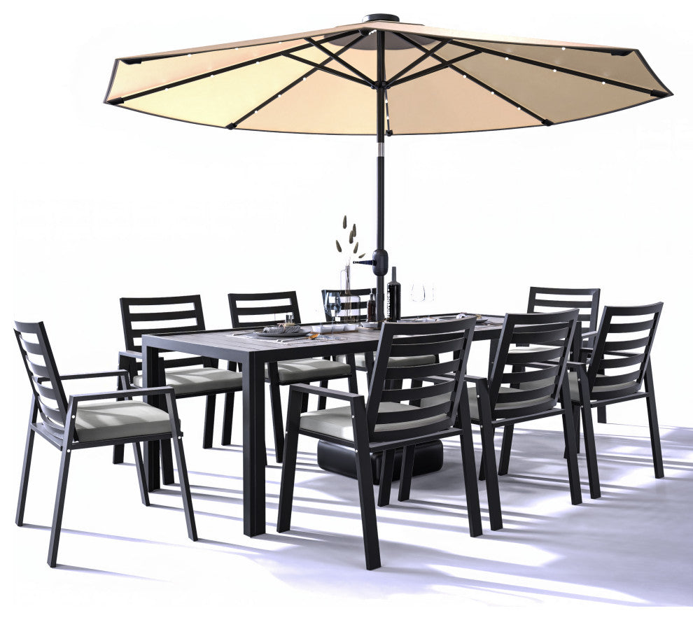 LeisureMod Chelsea Modern 8-Piece Outdoor Dining Set, Black Aluminum, Light Grey