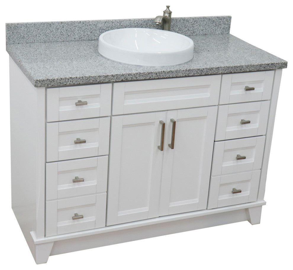 49" Single Sink Vanity, White Finish With Gray Granite And Round Sink