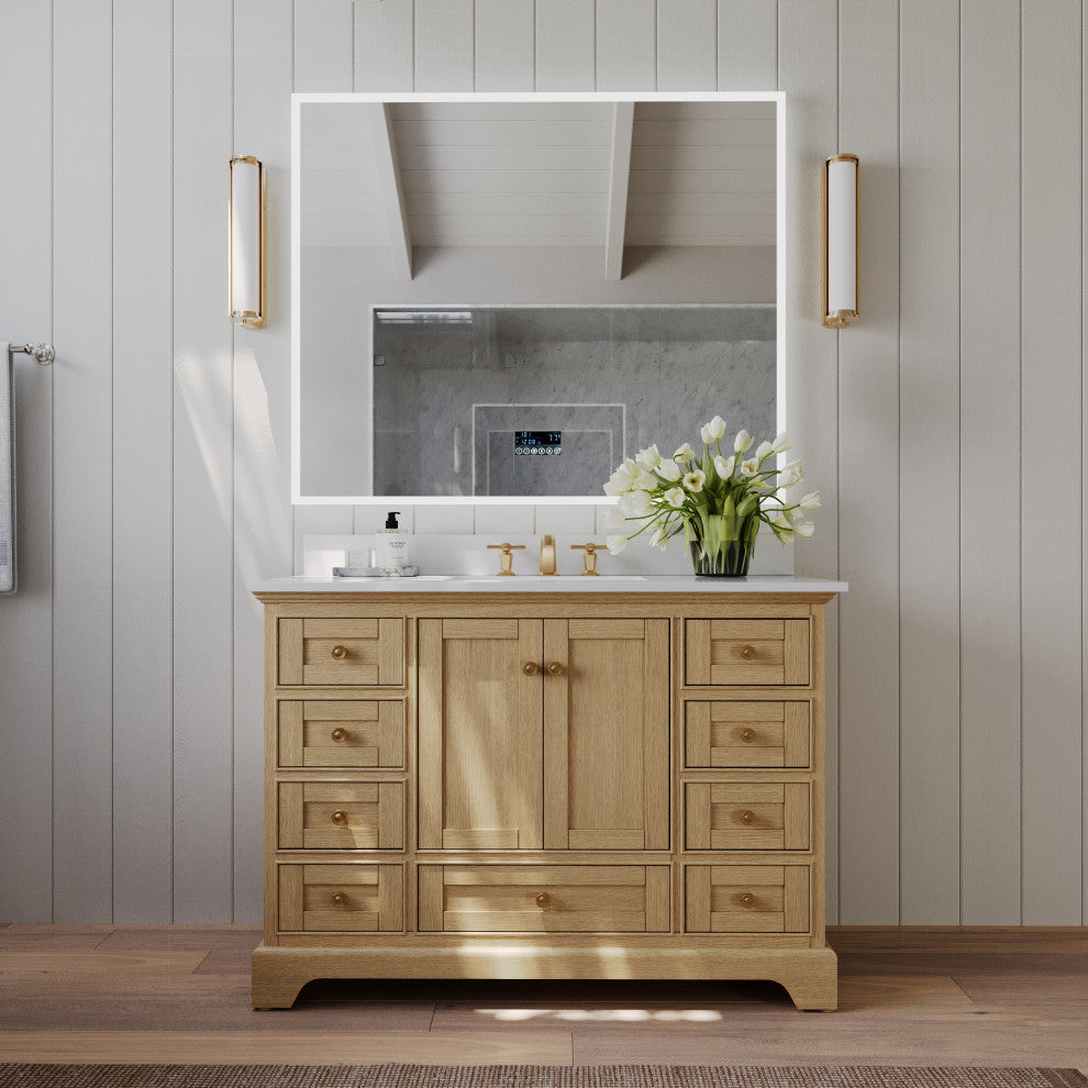 Audrey Vanity Set, Oak, 48", Gold Hardware, White Quartz Top