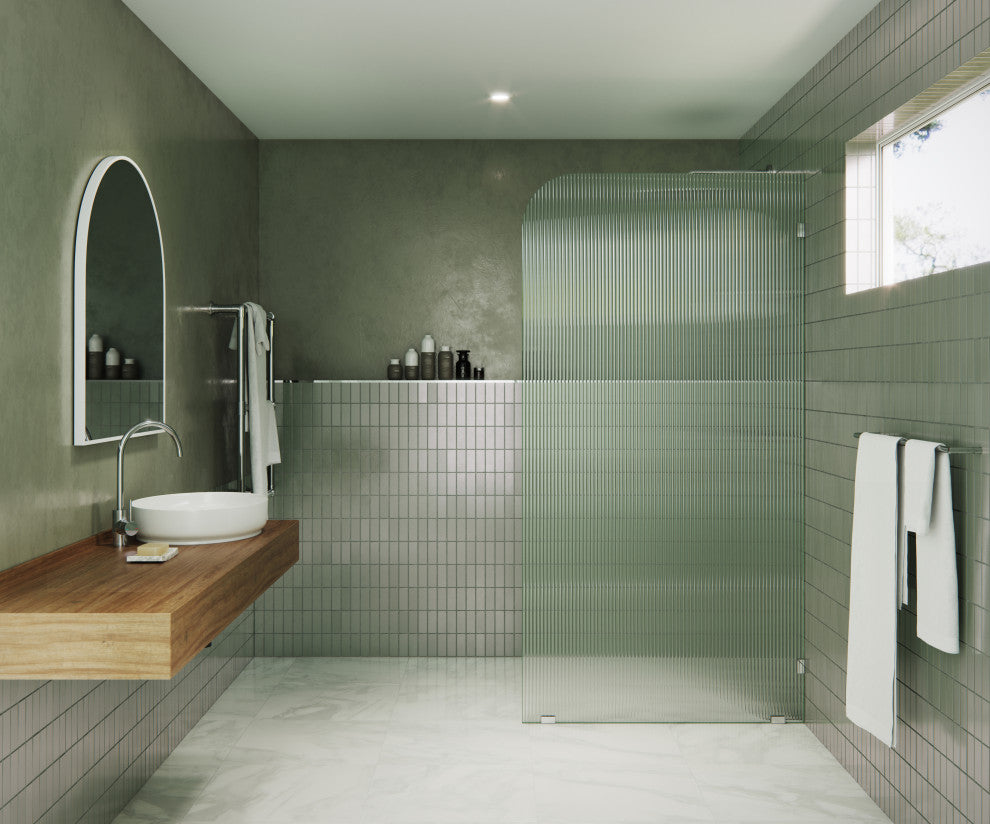 40"x78" Frameless Shower Door, Single Fixed Panel Fluted Radius, Polished Chrome, 40" Right