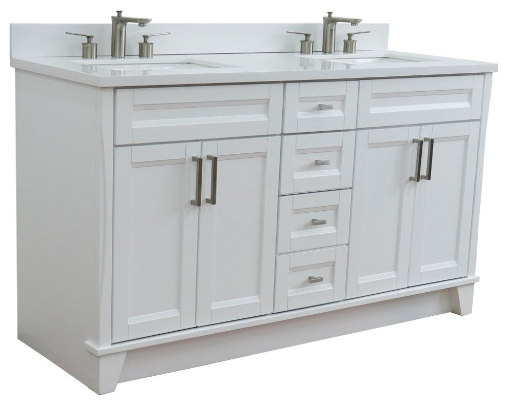 61" Double Sink Vanity, White Finish And Engineered Stone Top And Rectangle Sink