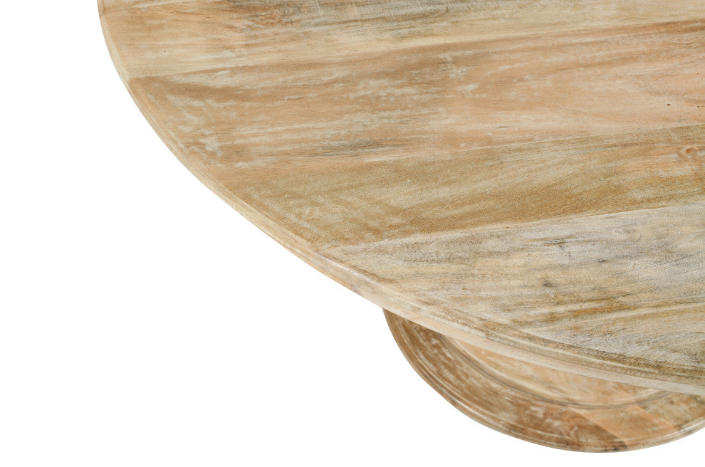 Jenna Coastal Pedestal Dining Table Natural Finish, Natural Solid Mango Wood