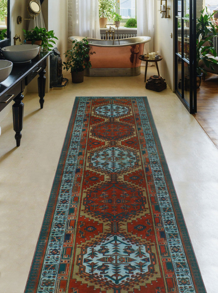 Fine Vintage Distressed Janny Red/Light Blue Runner, 3'3x10'7