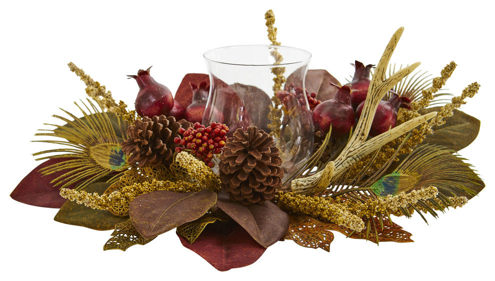 Magnolia, Berry, Antler and Peacock Feather Artificial Candelabrum Arrangement