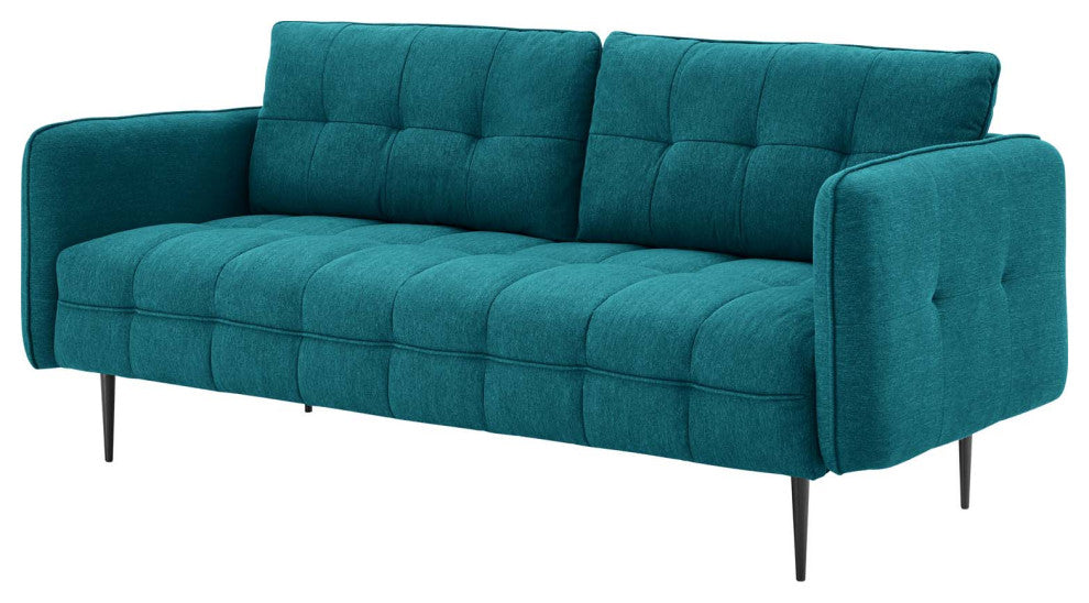 Tufted Sofa, Fabric, Teal Blue, Modern, Living Lounge Hotel Lobby Hospitality