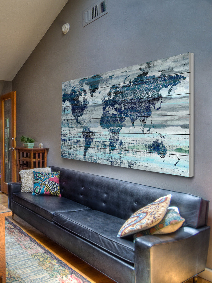 "Indigo Countries" Print on White Wood, 40"x20"