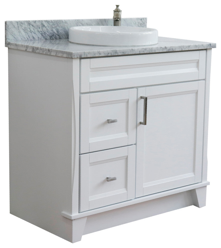 37" Single Sink Vanity, White Finish With White Carrara Marble