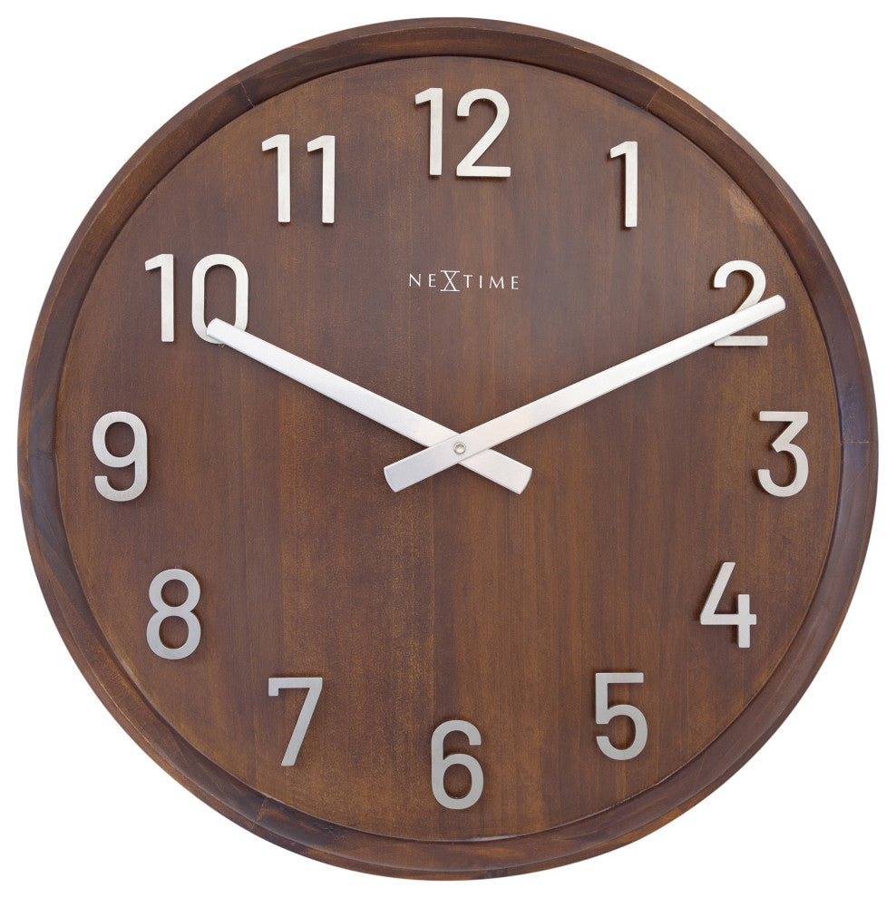 Precious 20" Wooden Wall Clock With Raised Metal Numbers, Brown