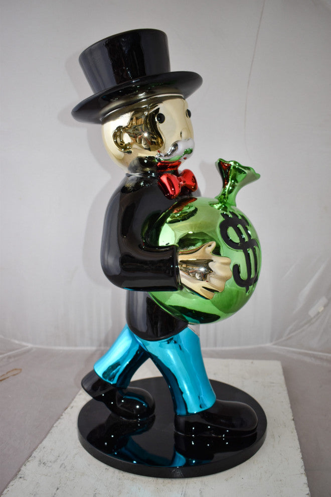 Casual Monopoly Man Holding Money Bag Resin Statue Large Size: 16" x 16" x 32"