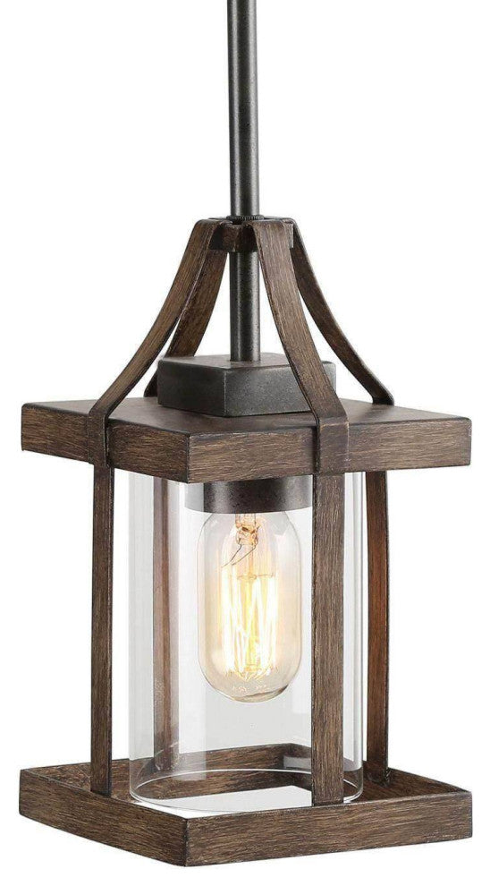 LALUZ 1-Light Antique Brown Wood and Clear Glass Mini Lantern Pendant Lighting