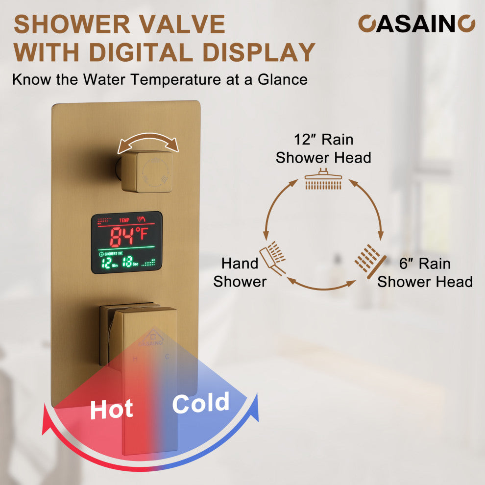 3 Function Wall Mounted Digital Display Shower System, Brushed Gold