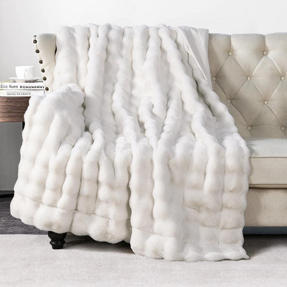 Textured Bubble Faux Fur Throw Blanket, White, 50''x60''