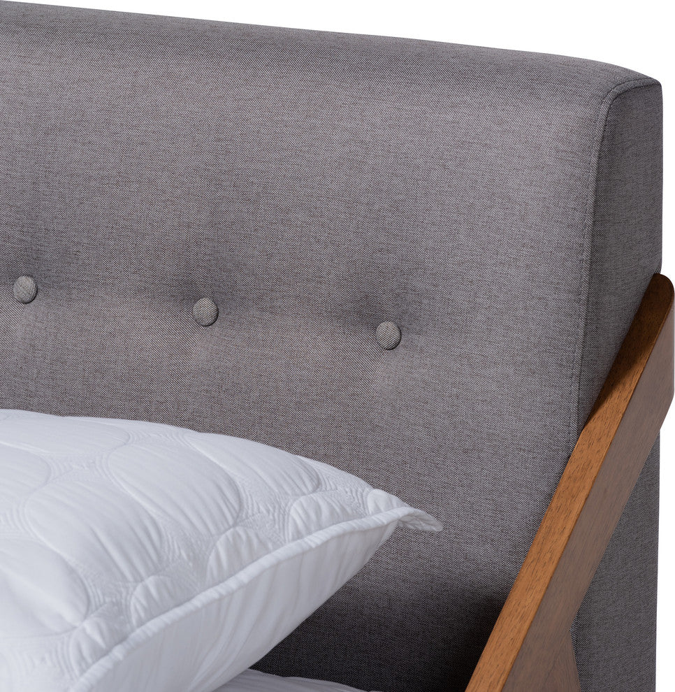 Amias Mid-Century Modern Gray Fabric Upholstered Wood King Platform Bed