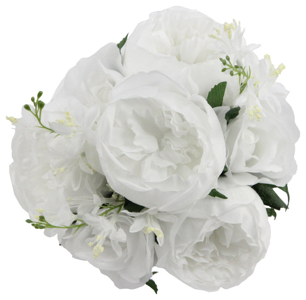 10 Stems Faux English Rose and Rose Bud Bouquet, White