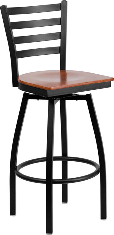 HERCULES Series Black Ladder Back Swivel Metal Barstool, Cherry Wood Seat