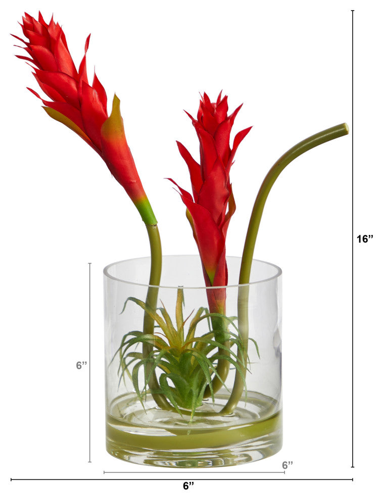 16" Star Bromeliad Artificial Arrangement, Glass Vase
