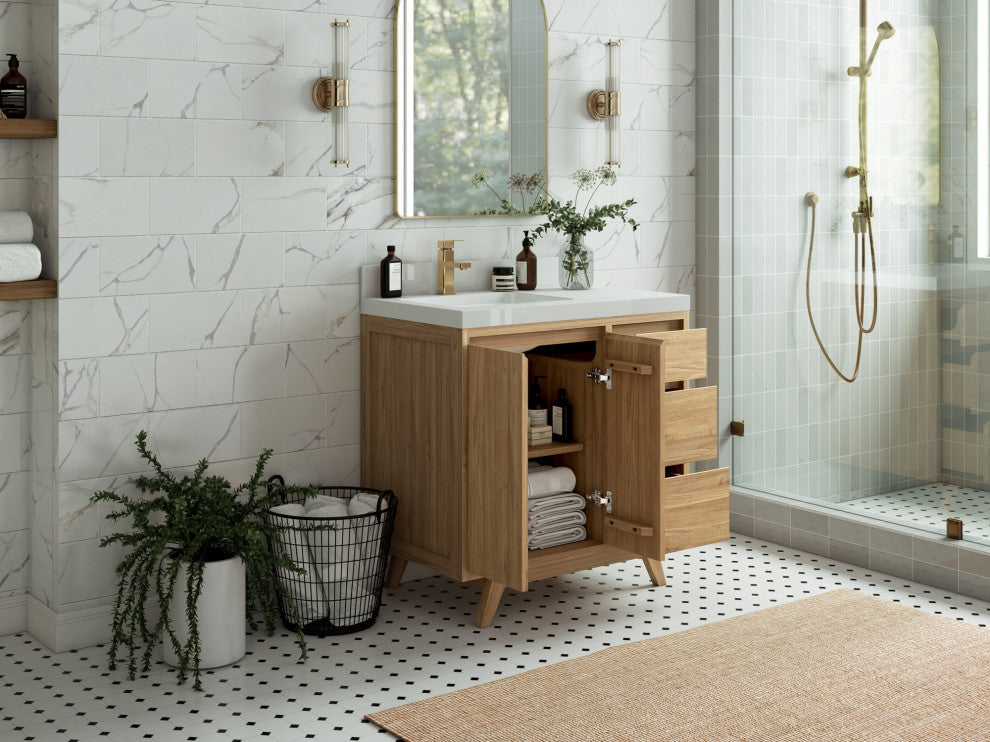 Madison Teak 36 Left Offset Bath Vanity in Light Natural 1.5" Empira Quartz