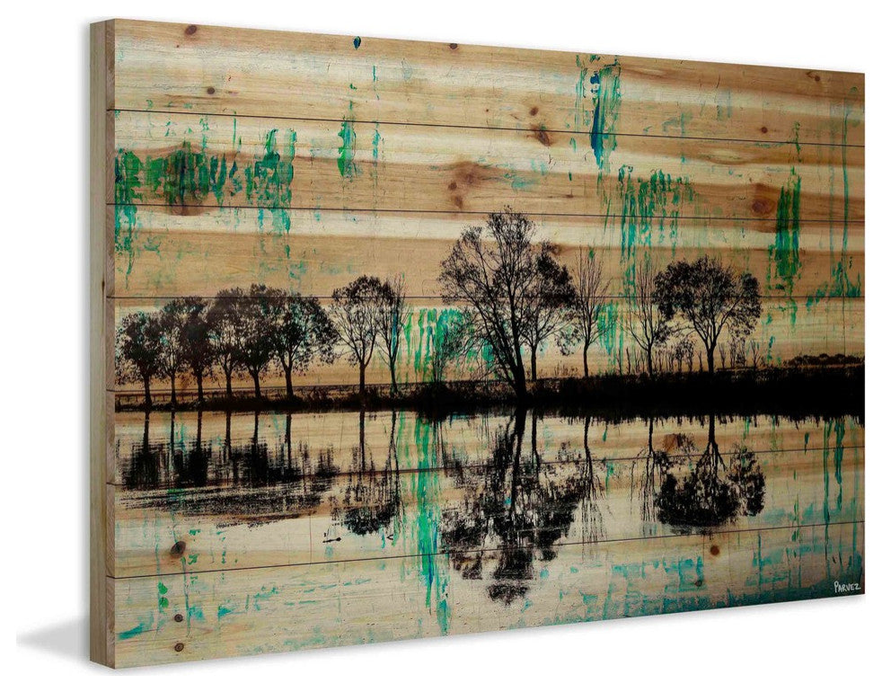 "Trees Reflect Green 2" Painting Print on Natural Pine Wood, 45"x30"