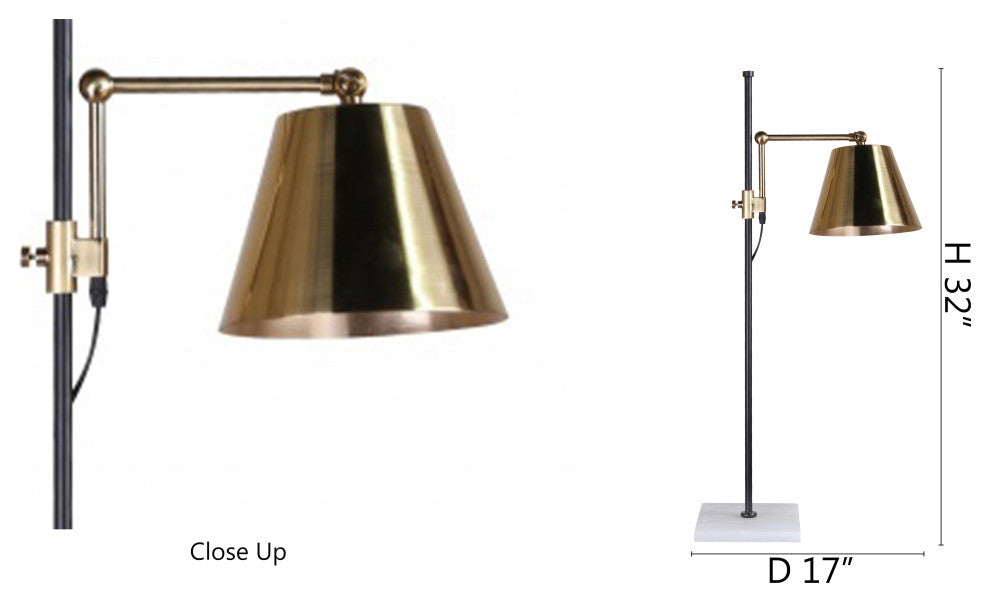 White Marble Base With Brass Shade and Black Rod Table Lamp