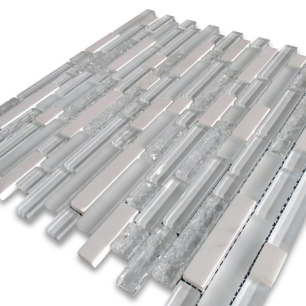 Glass Mosaic Tile White and Crackled Glass Mix White Marble Brick, 1 sheet