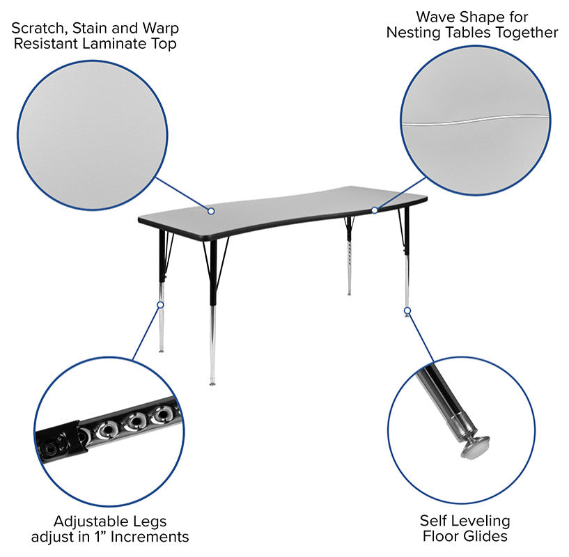 3 Piece 86" Oval Wave Activity Table Set - Standard Height Adj. Legs, Grey