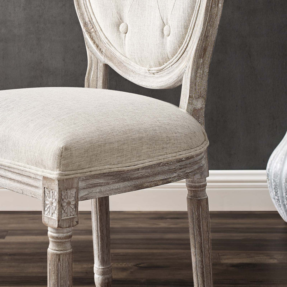 French Vintage Side Dining Chair, Fabric, Wood, Beige, Modern, Bistro Restaurant