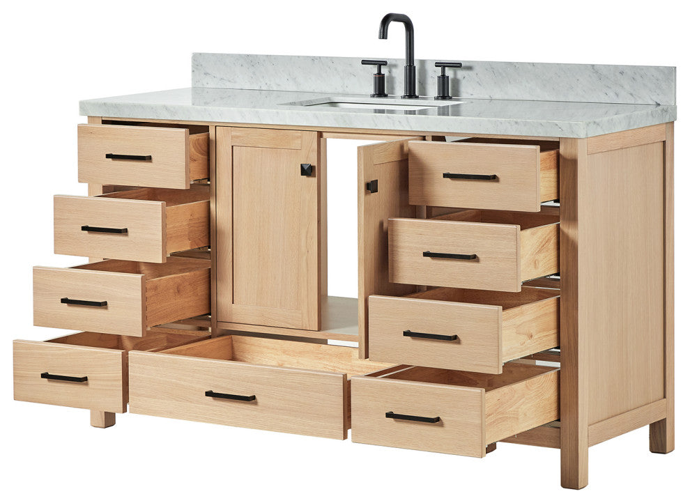 Cambridge 60" Single Bath Vanity With Italian Carrara Marble Top, Oak