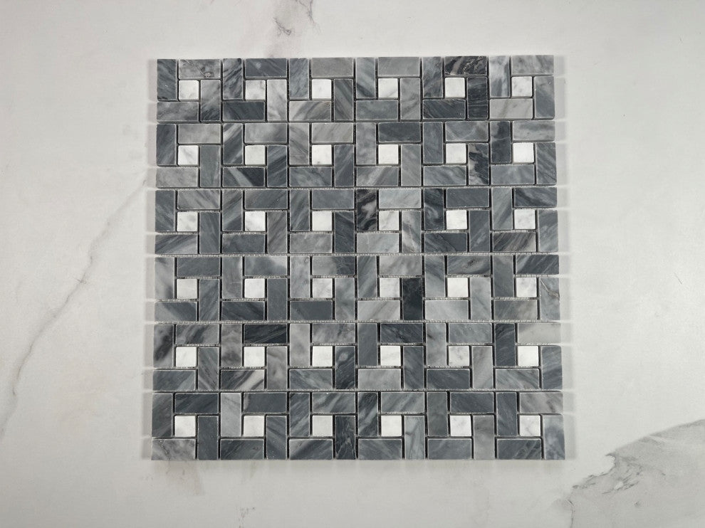 Bardiglio Gray Dark Grey Marble Pinwheel Mosaic Tile White Dots Honed, 1 sheet
