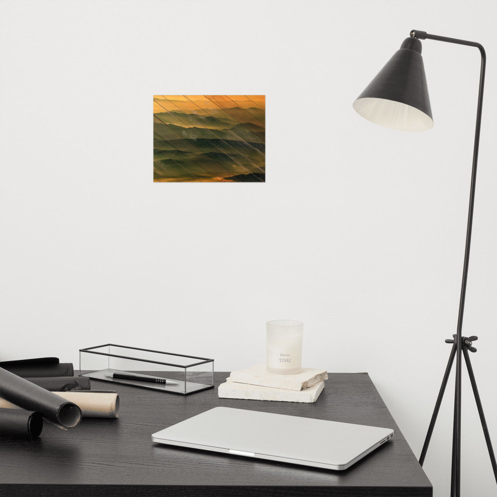 Faux Wood Foggy Mountain Layers at Sunset Landscape Unframed Wall Art Prints, 8" X 10"