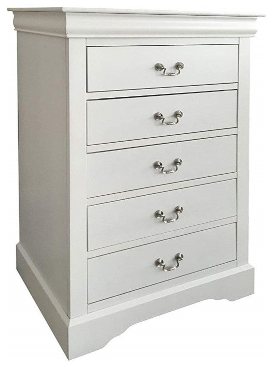 Benzara BM185686 Traditional Style Wood and Metal Chest with 5 Drawers, White