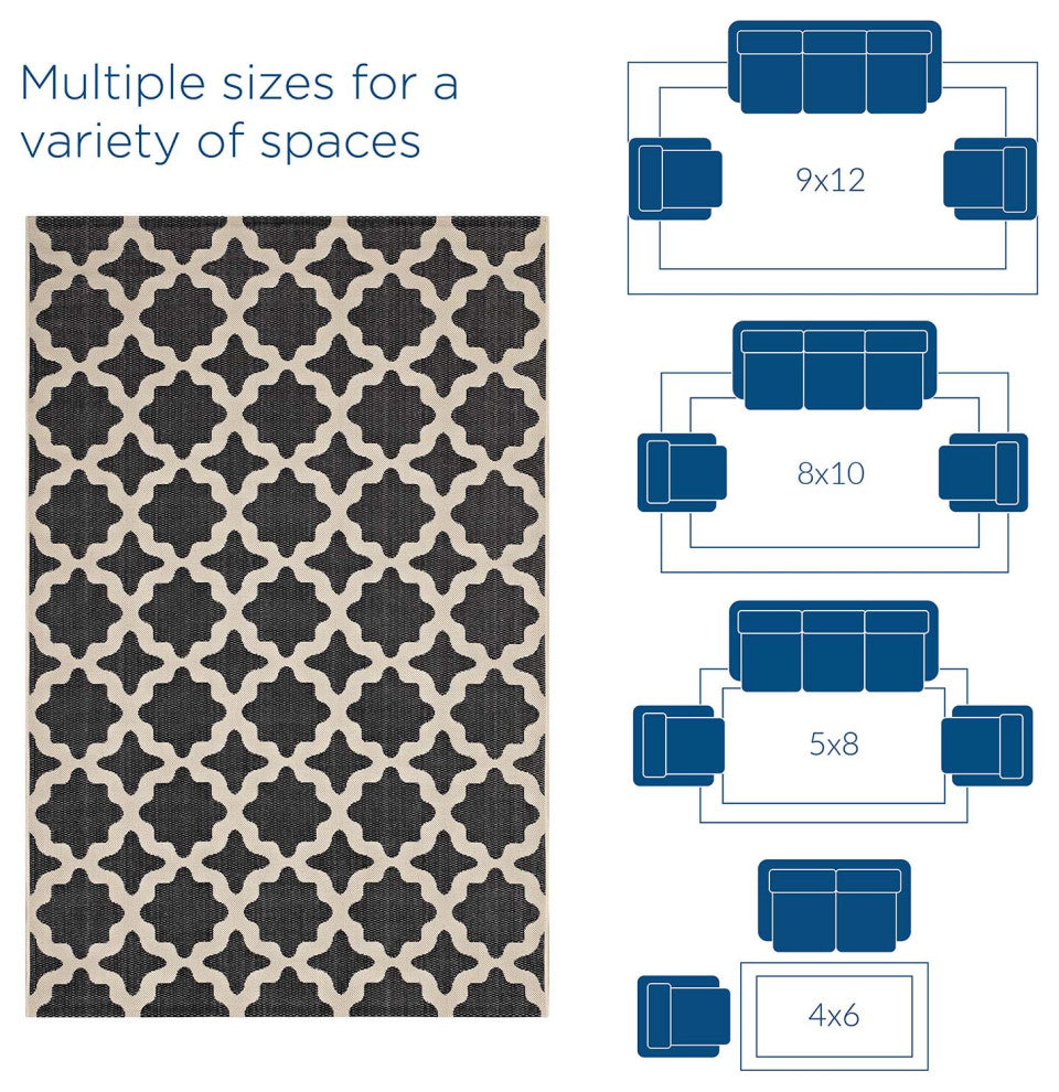 Cerelia Moroccan Trellis 9x12 Indoor and Outdoor Area Rug, Black and Beige