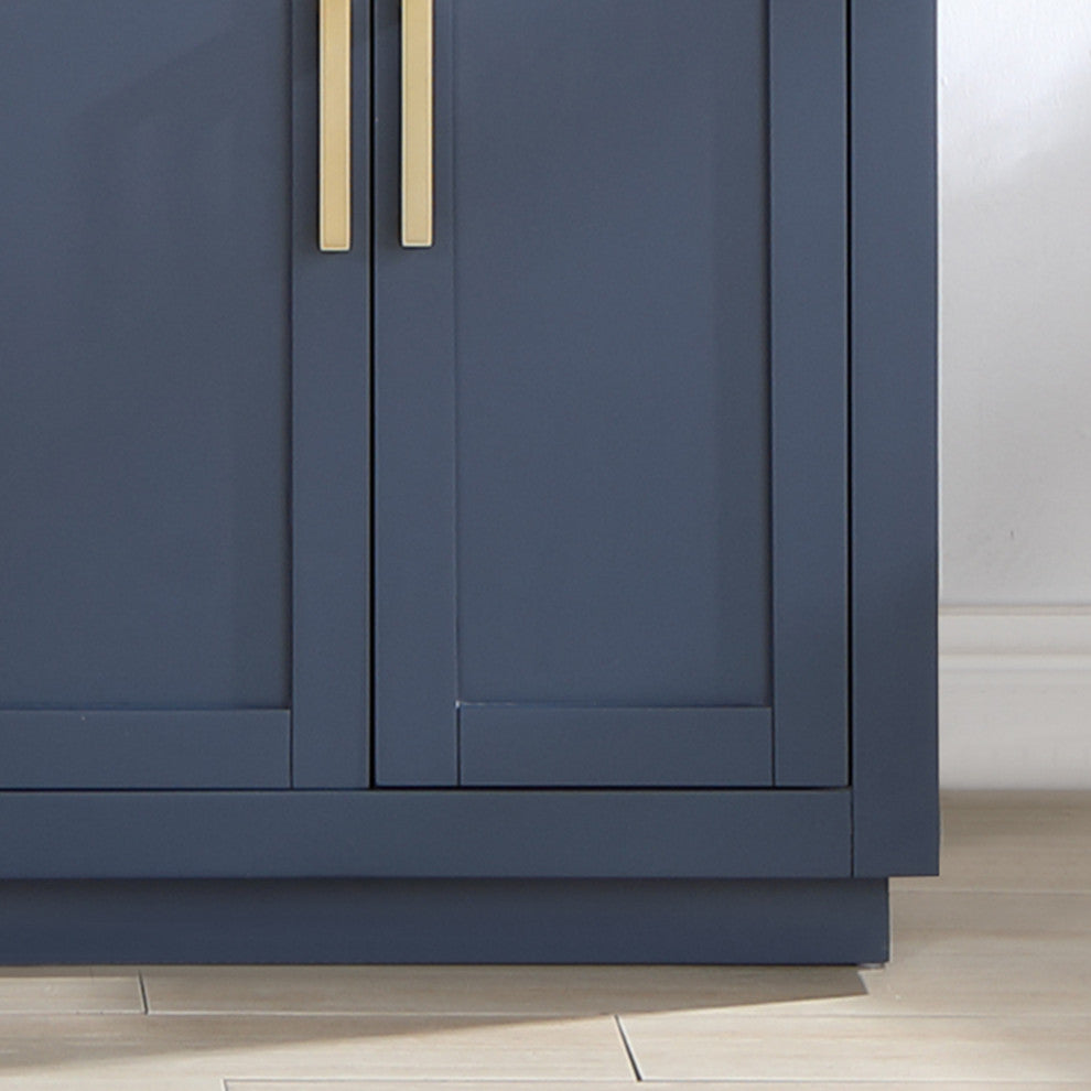 Gavino Vanity With Grain White Composite Stone Top, Royal Blue/Brushed Gold, 60", With Mirror