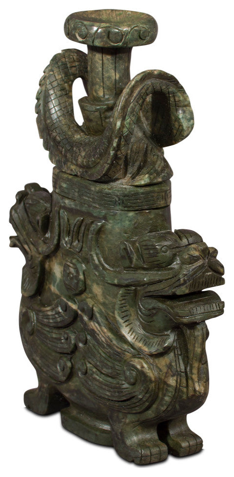 Hand Carved Chinese Jade Winged Lion Vessel with Removable Lid