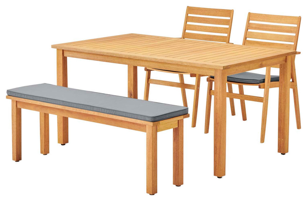 Side Dining Chair and Table Set, Wood, Brown Natural Gray, Modern, Outdoor