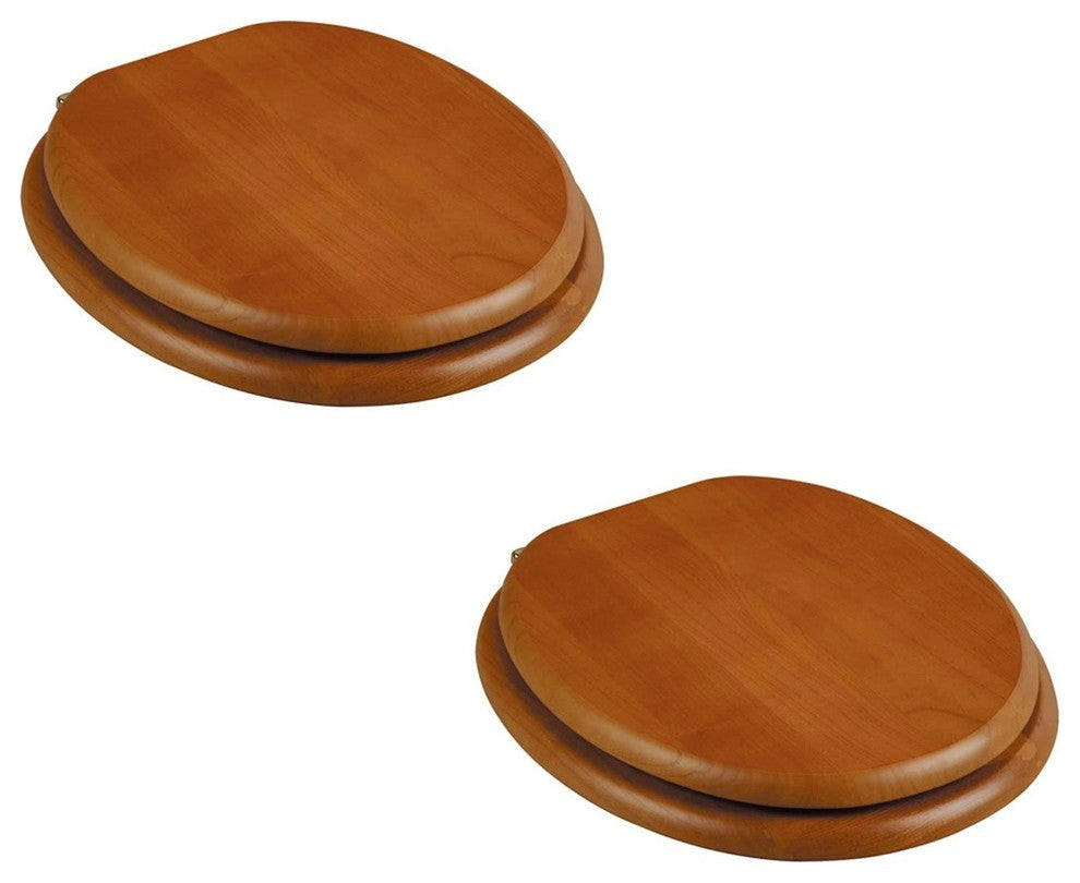Round Toilet Seat Hardwood Golden Oak Brass Hinge Set of 2