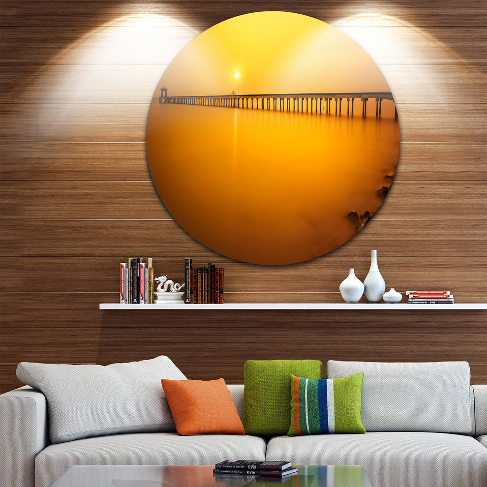 Yellow Tinged Seashore And Long Pier, Seascape Disc Metal Artwork, 36"