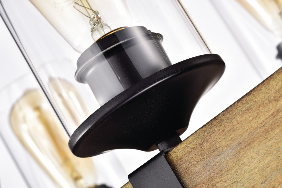 6-Light Matte Black and Vintage Wood Farmhouse Linear Chandelier Clear Glass