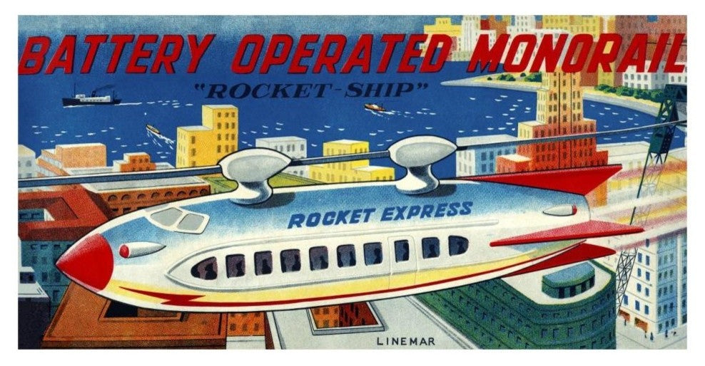 "Battery Operated Monorail "Rocket Ship" Print by Retrorocket, 32"x17"