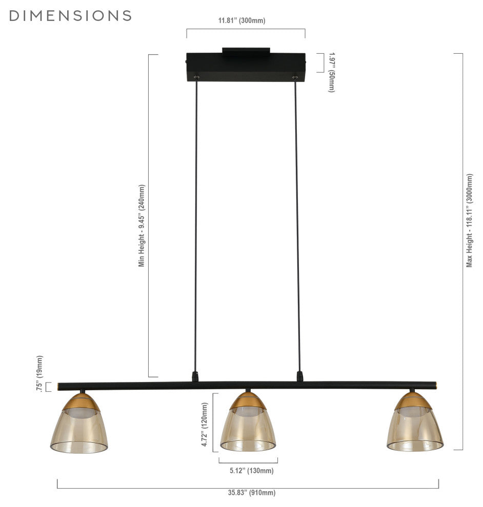 Roma 36" ETL Certified Integrated LED Height Adjustable Chandelier, Black