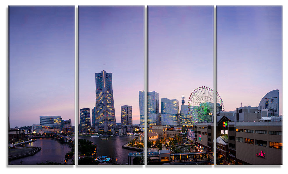 Minato Mirai Yokohama at Twilight, Cityscape Canvas Art Print, 48"x28", 4 Panels