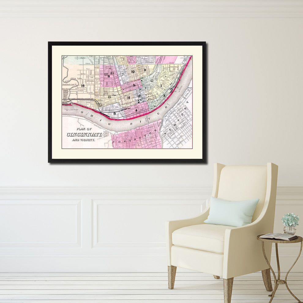 Cincinnati Vintage Antique Map Wall Art, 28"x37"