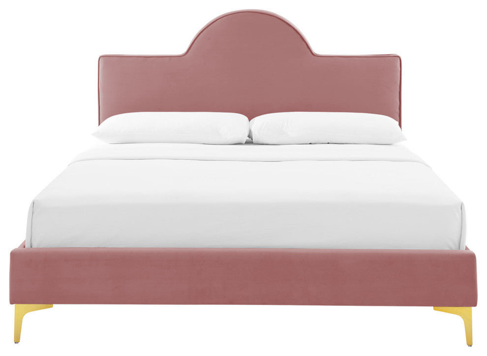 Platform Bed Frame, Queen Size, Pink, Velvet, Modern, Bedroom Guest Suite