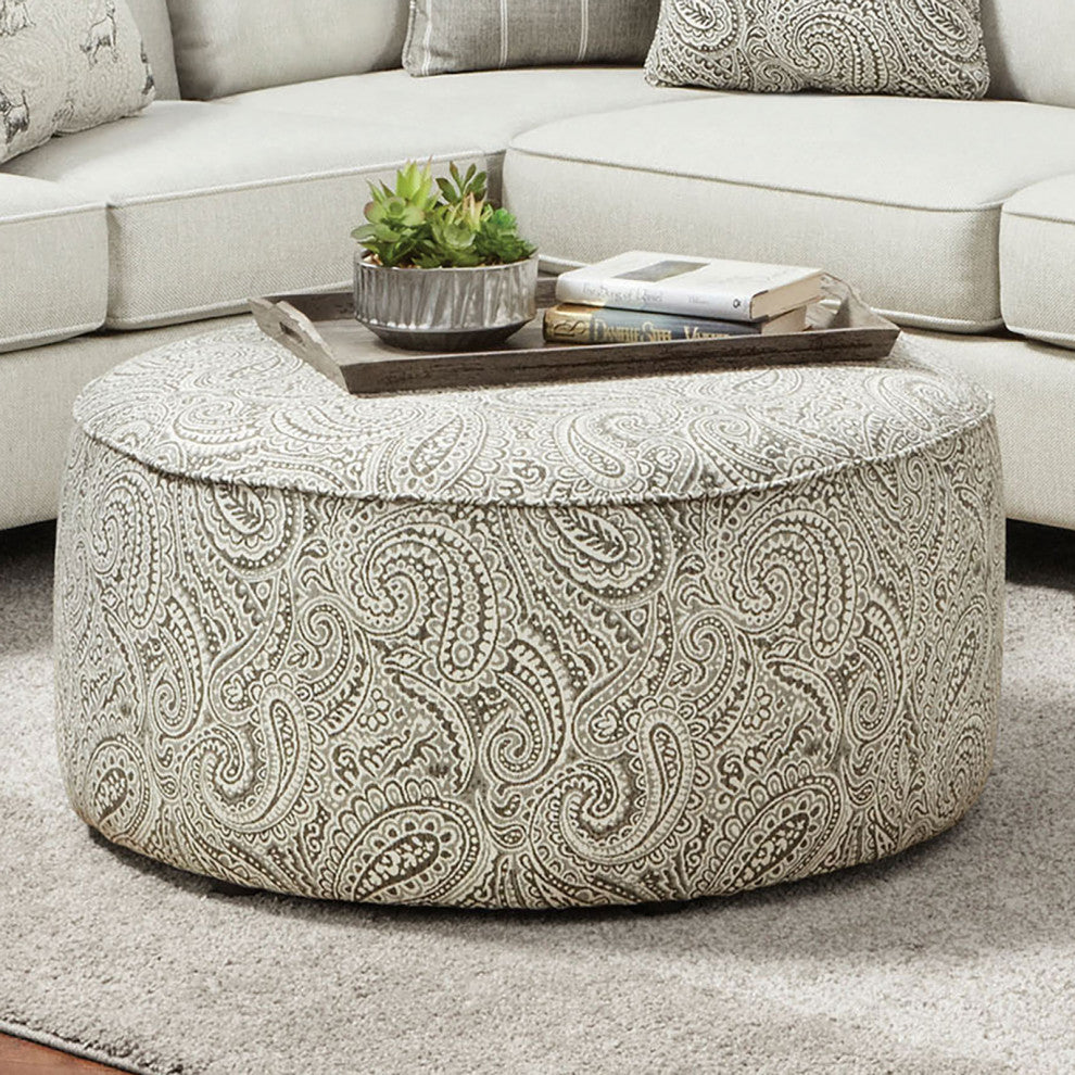 Chenille Upholstered Round Ottoman, Paisley Multi