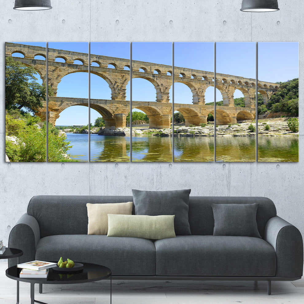 Roman Aqueduct Bridge in France, Bridge Canvas Wall Art, 83"x32", 7 Panels
