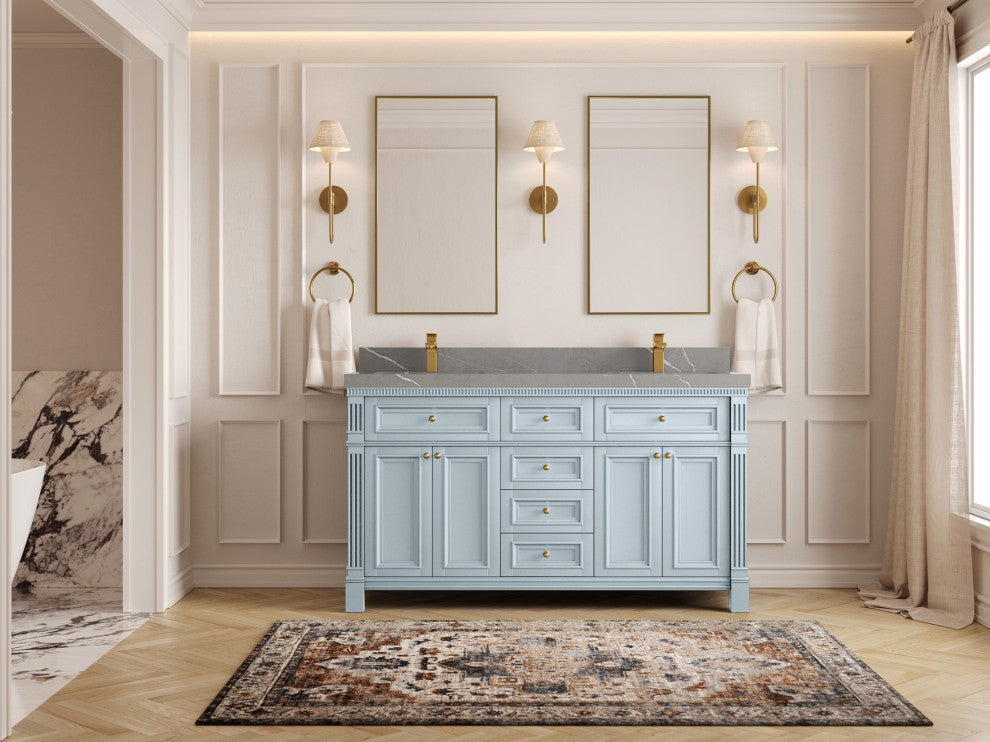 Paris 60" Double Sink Bathroom Vanity, Blue Heather 2" Piatra Gray