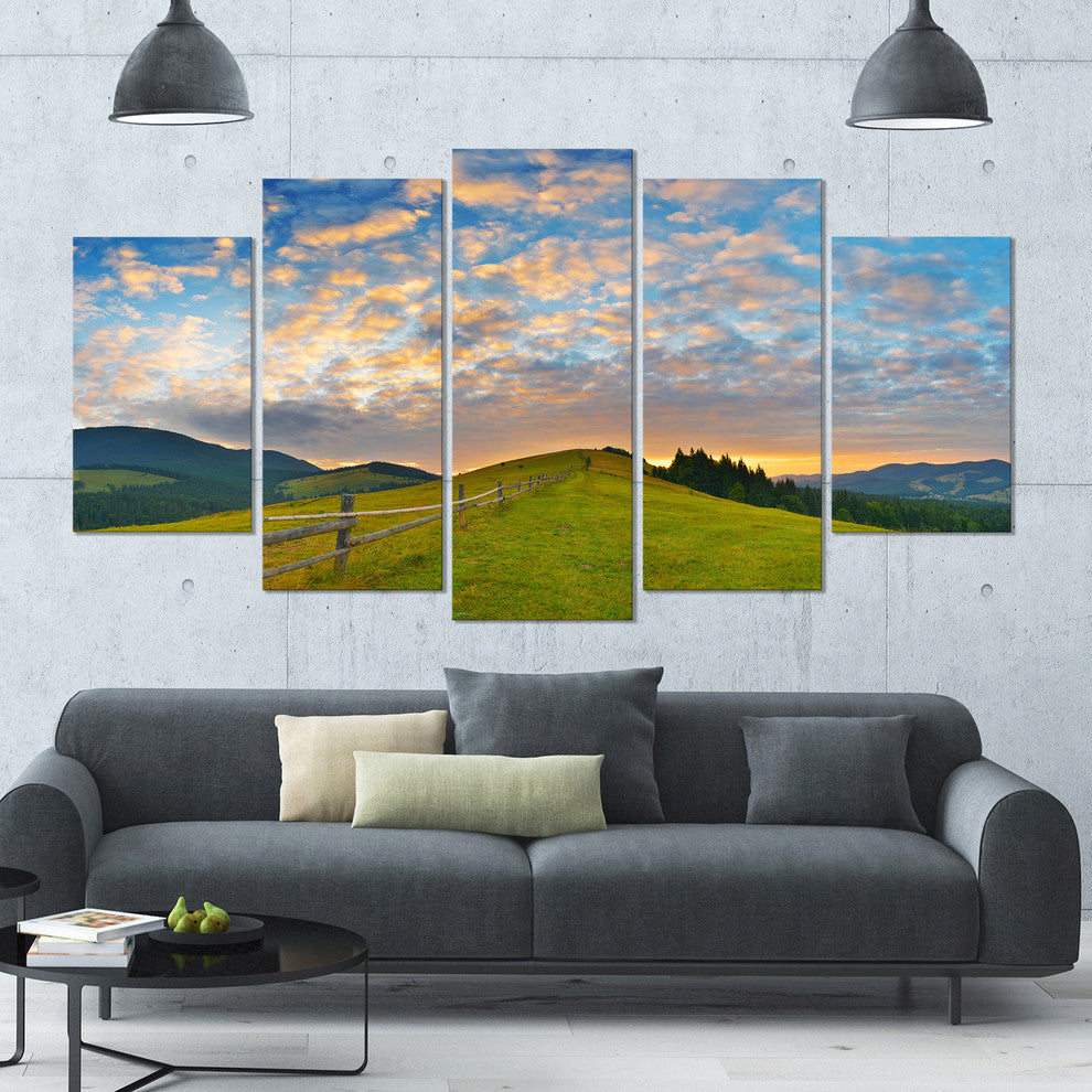 Green Evening Countryside, Landscape Canvas Art Print, 60"x32", 5 Panels