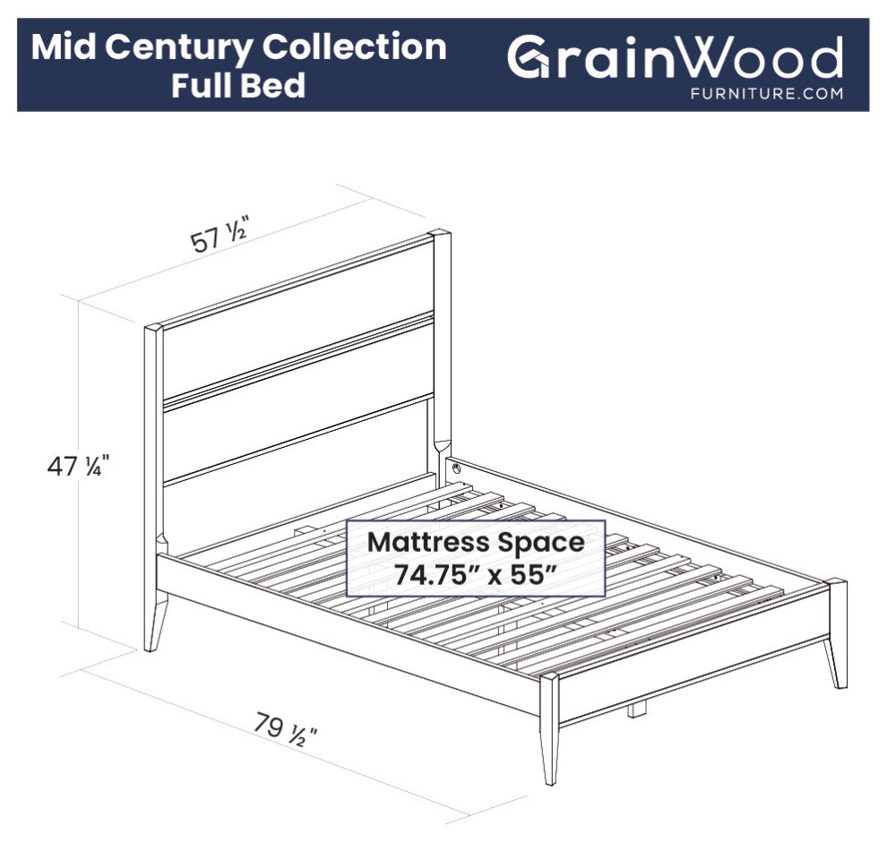 Grain Wood Furniture Mid Century Solid Wood Platform Bed, Brushed Walnut, Full