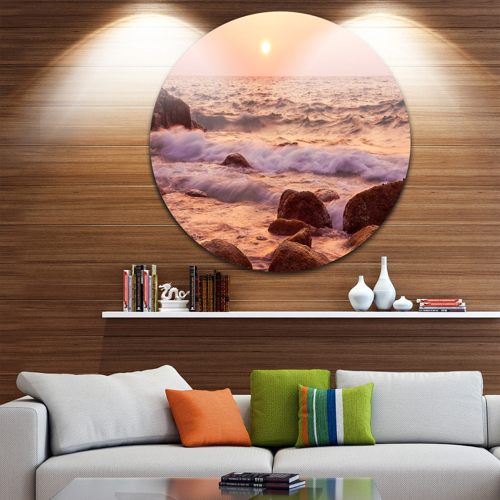 Foam Waves Hitting Rocky Coast, Seashore Round Wall Art, 36"