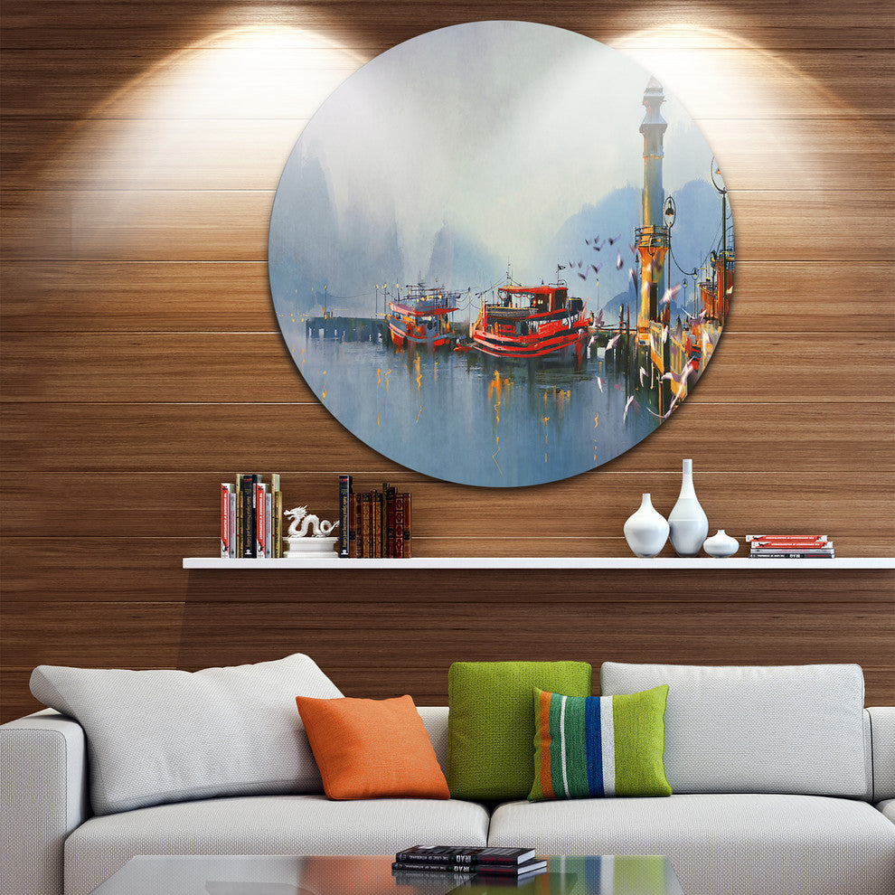 Fishing Boats In Harbor, Landscape Painting Round Wall Art, 11"